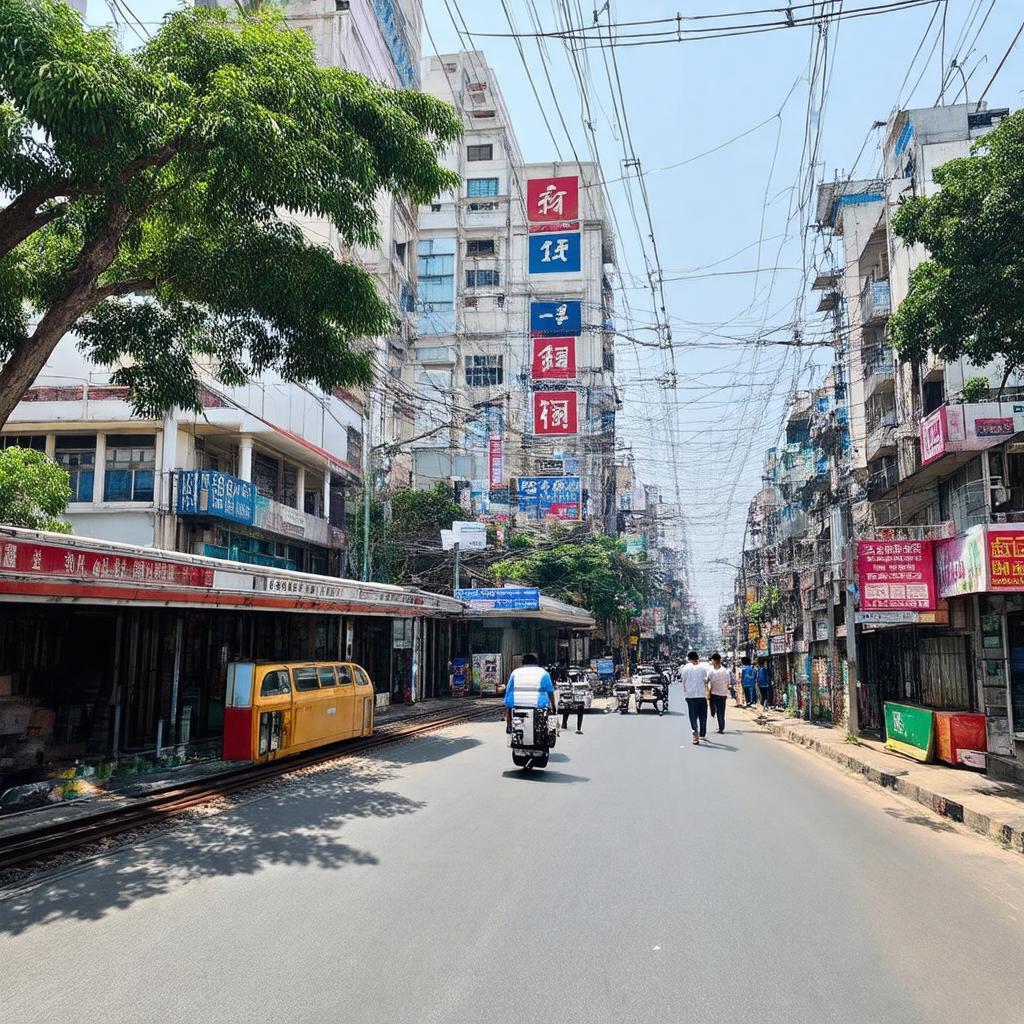 Ga Hà Nội nhìn từ góc đường Cửa Nam, xung quanh là các cửa hàng, phố xá sầm uất.